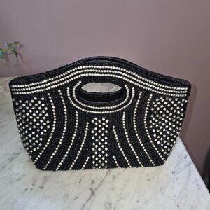 Vintage Black Beaded Rhinestone Evening Clutch Art Deco Cutout Handle Purse